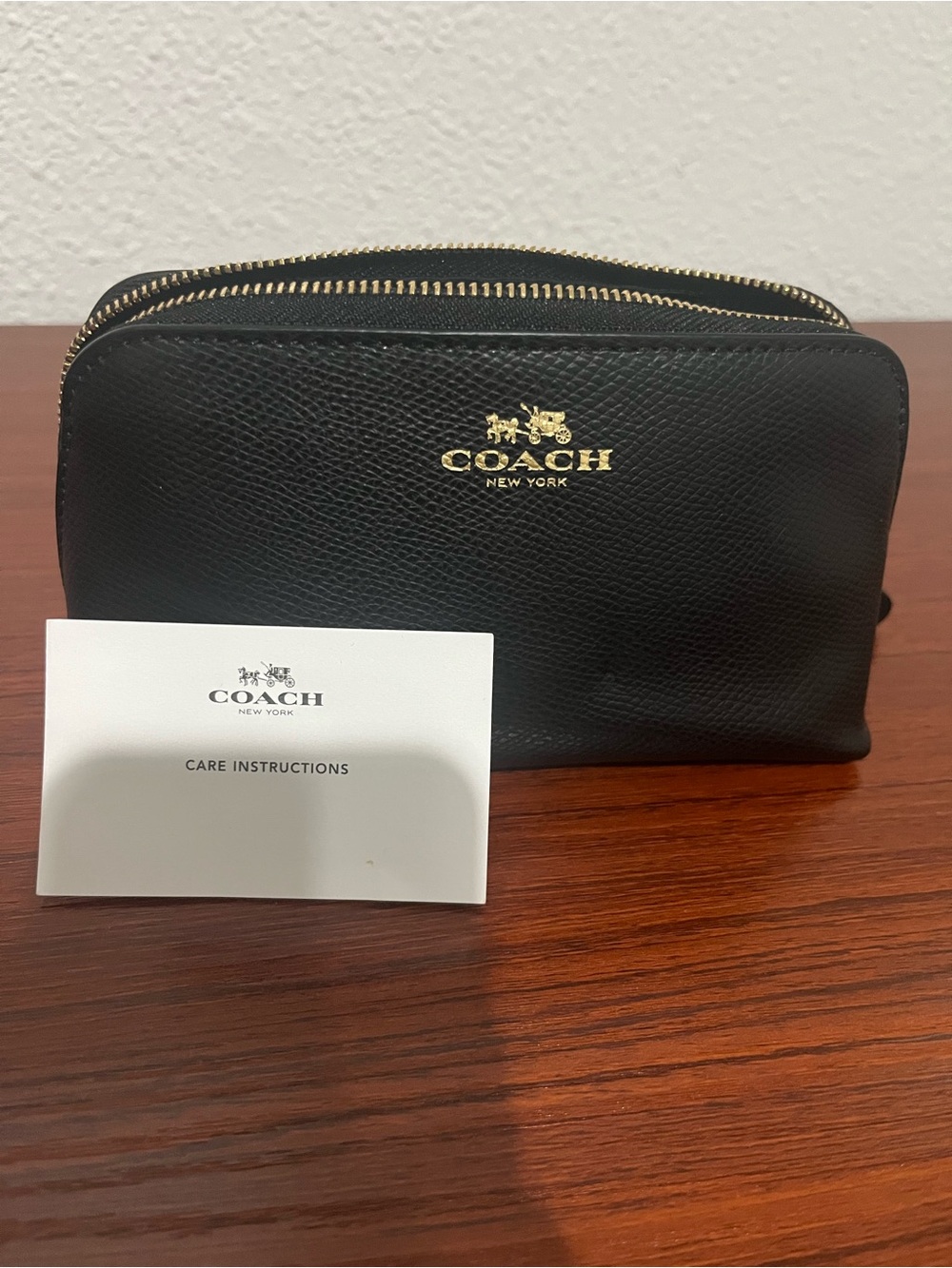 Coach Black Leather Double Zip Cosmetic Pouch with Gold Logo